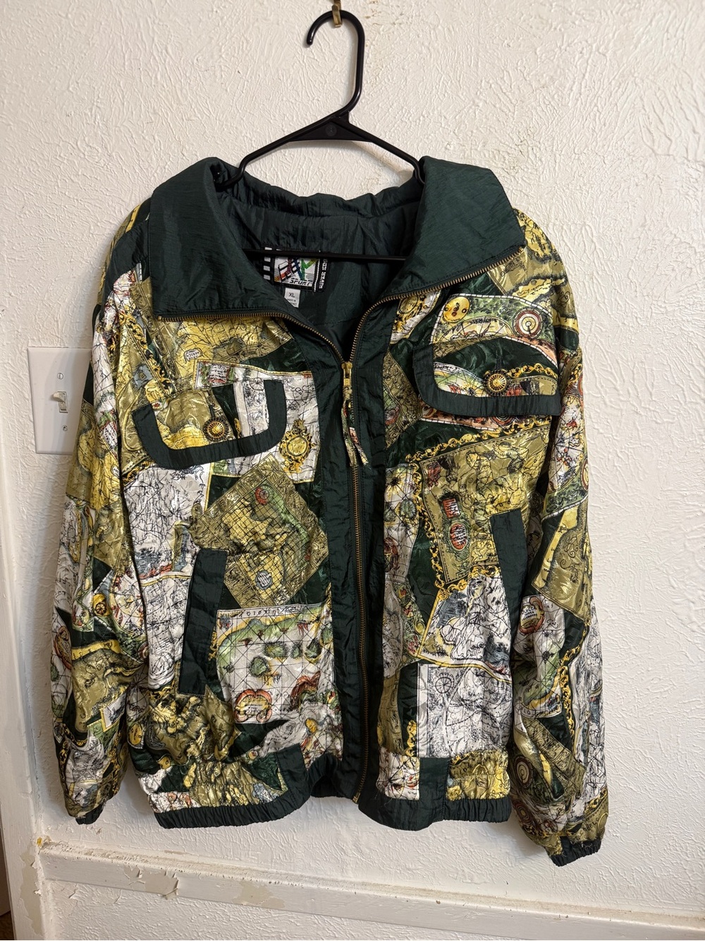 Vintage 1980s Men's Green & Gold Map Patterned Zip-Front Jacket